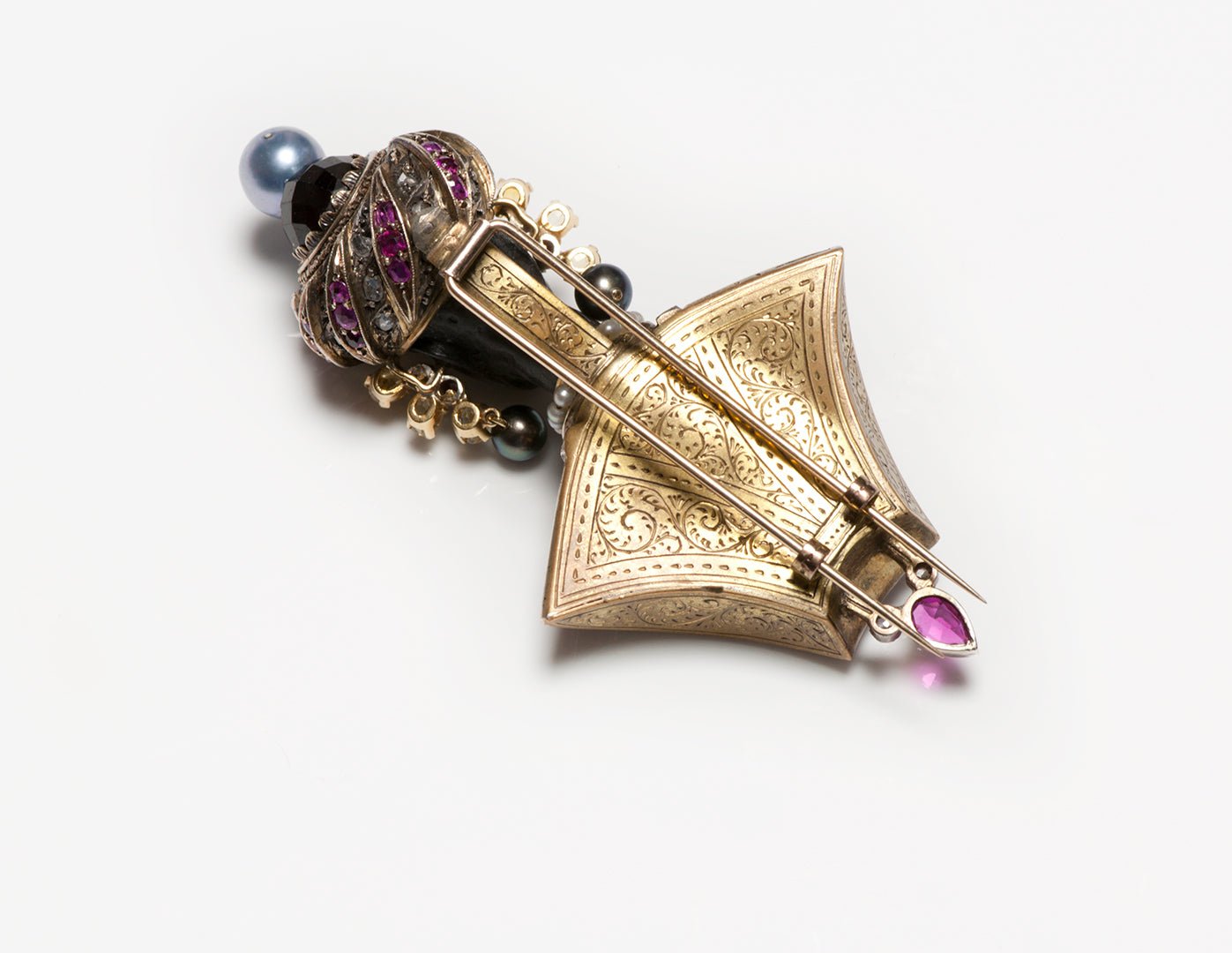 Blackamoor Gold Ruby Diamond Pearl Brooch - DSF Antique Jewelry