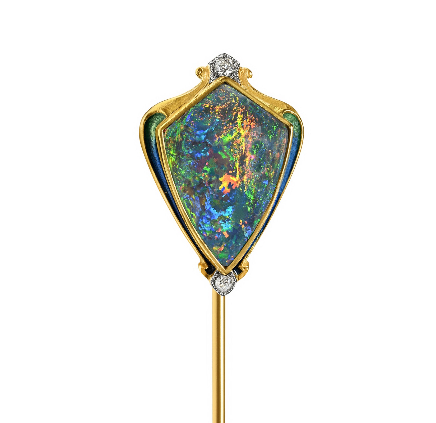 Black Opal Diamond Gold Stick Pin Art Nouveau
