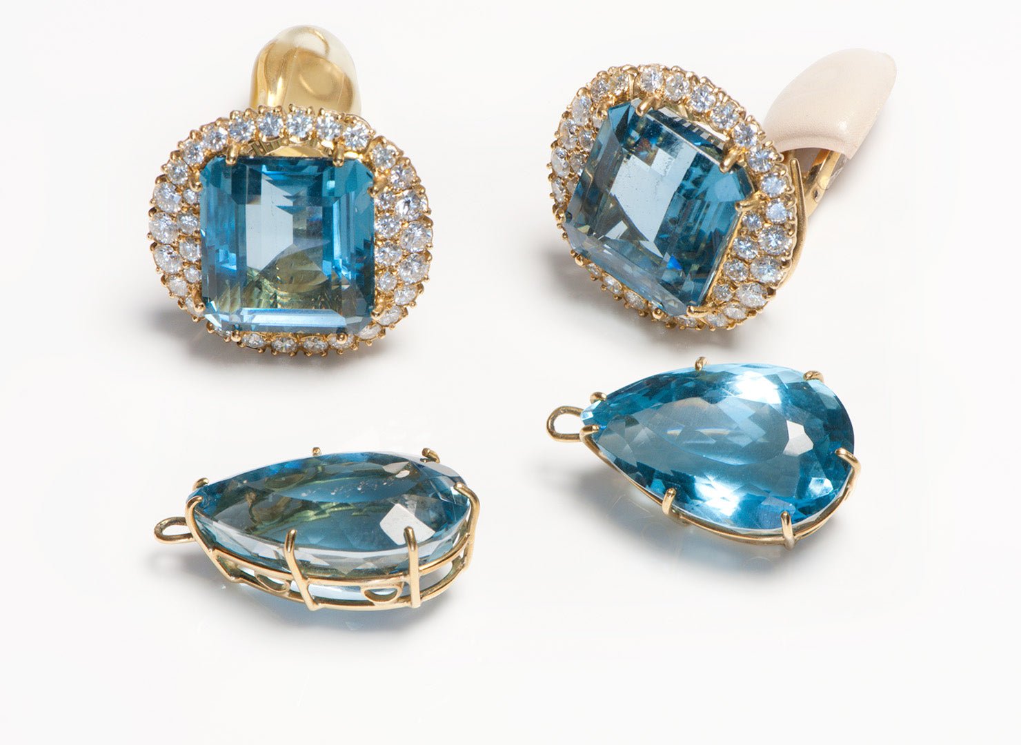 Blue Topaz Diamond Gold Earrings with Detachable Drops - DSF Antique Jewelry