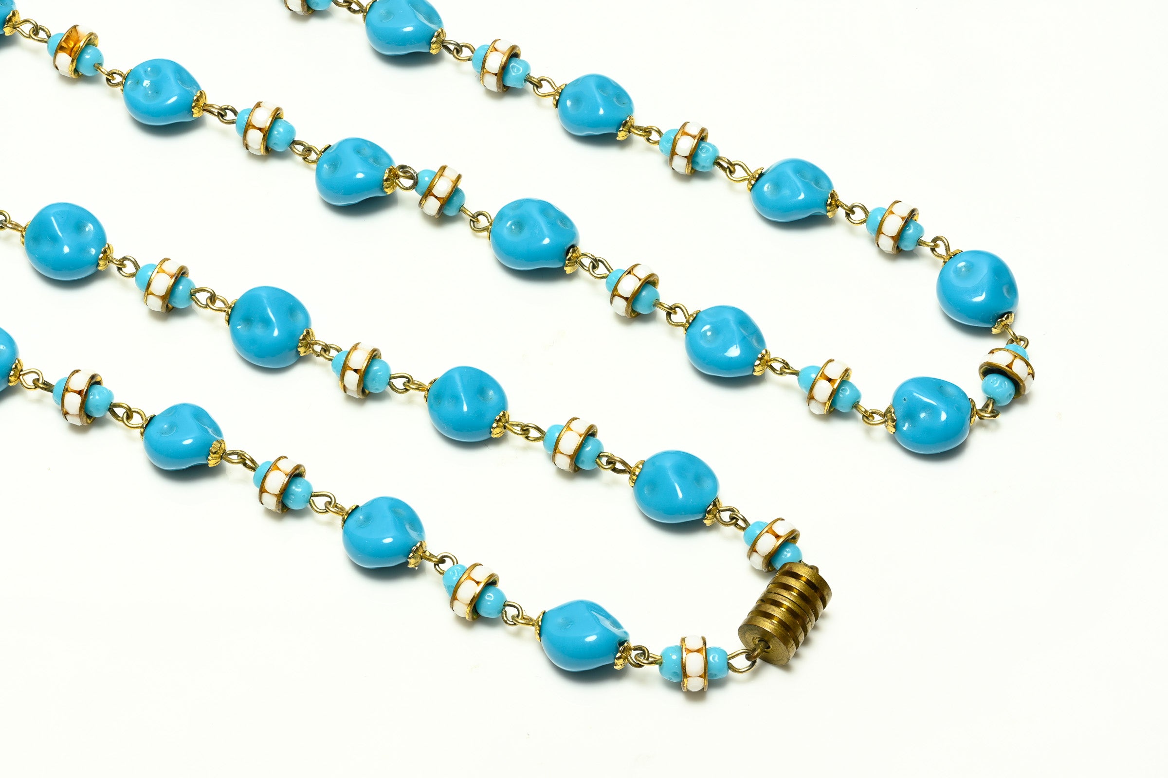 Vintage French Blue Glass Beads Sautoir Necklace