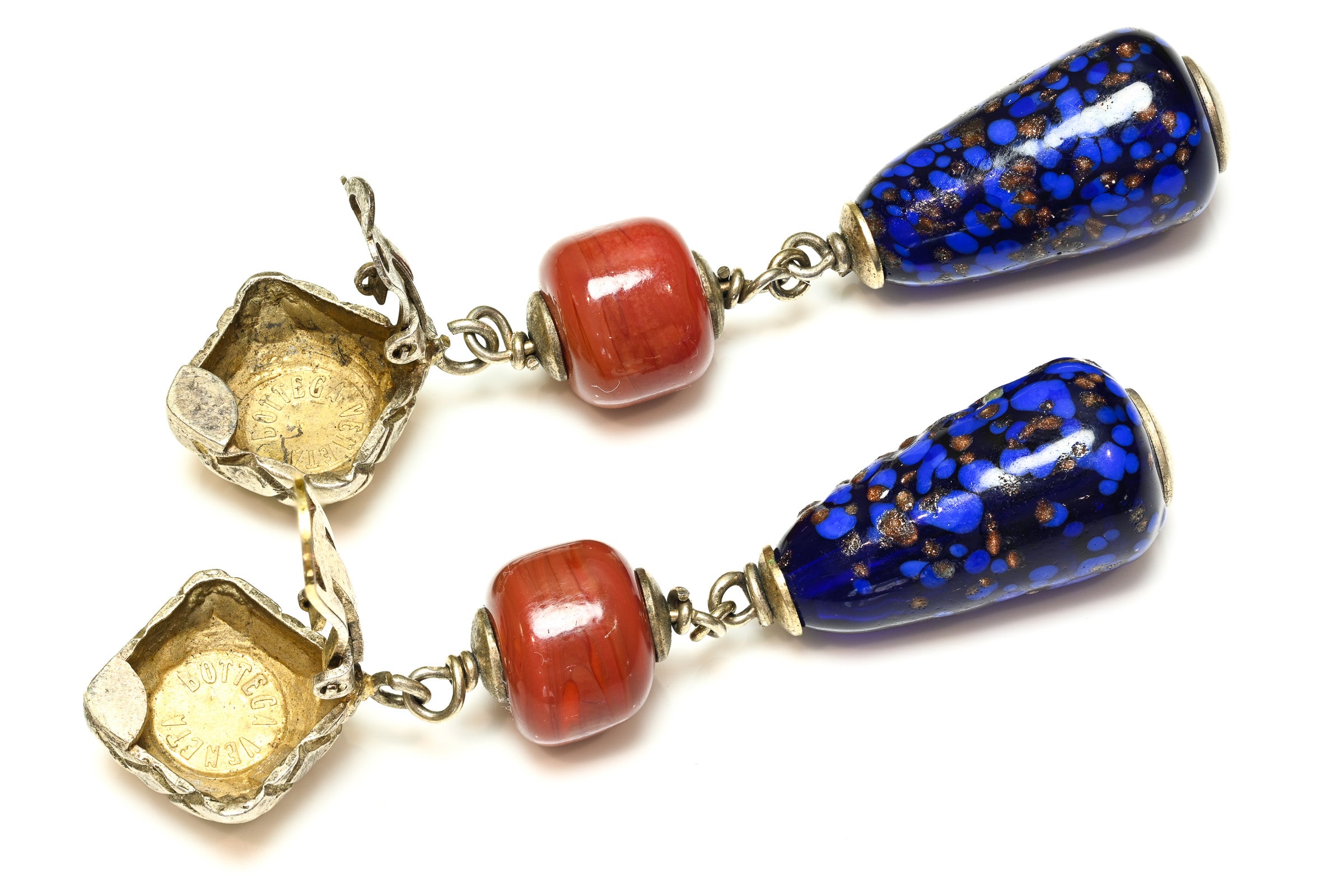 Vintage Bottega Veneta Sterling Silver Blue Red Glass Drop Earrings 2