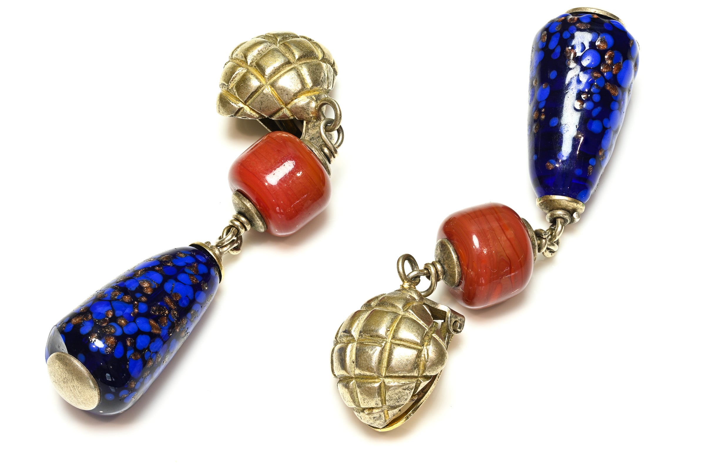 Vintage Bottega Veneta Sterling Silver Blue Red Glass Drop Earrings 1