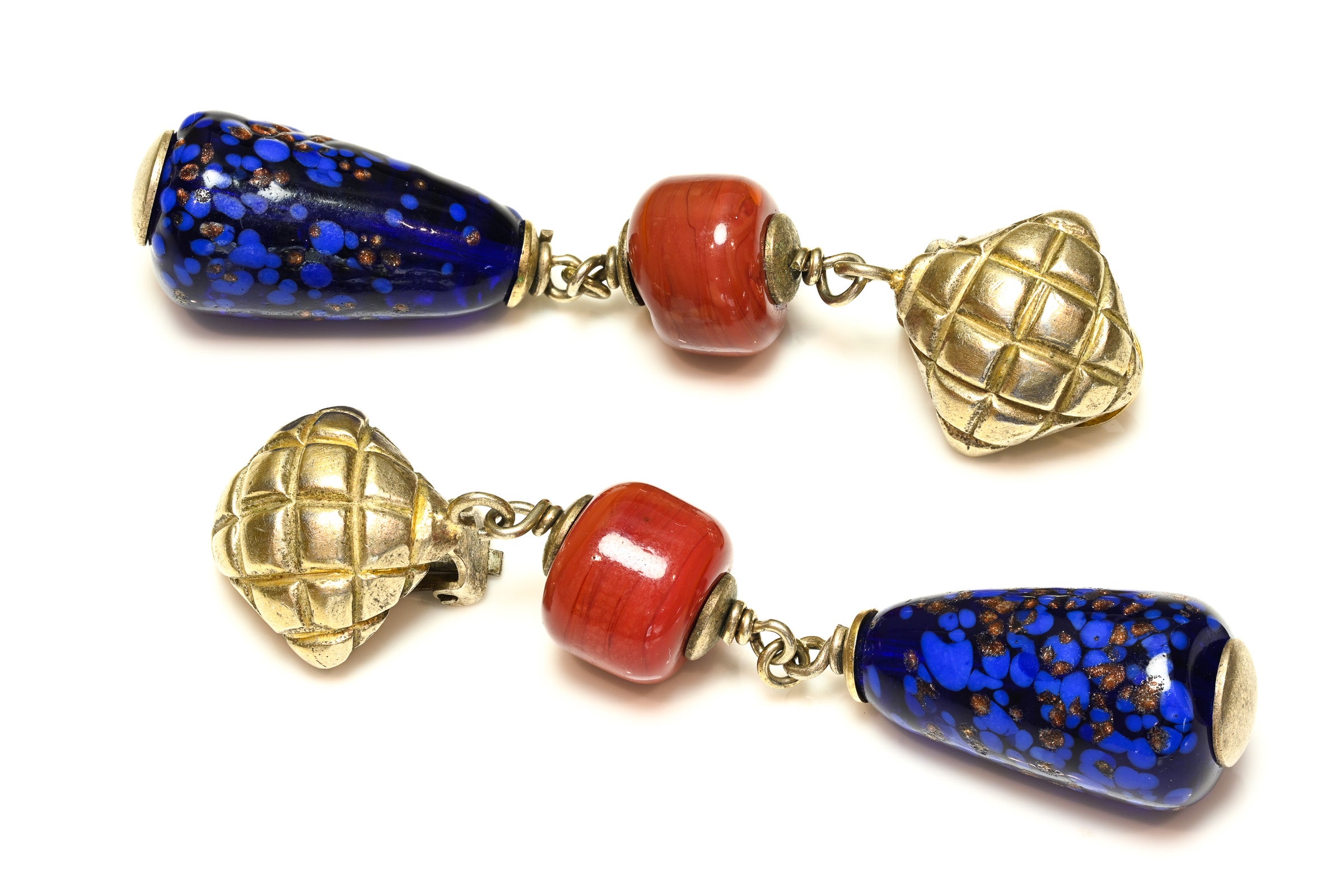 Vintage Bottega Veneta Sterling Silver Blue Red Glass Drop Earrings