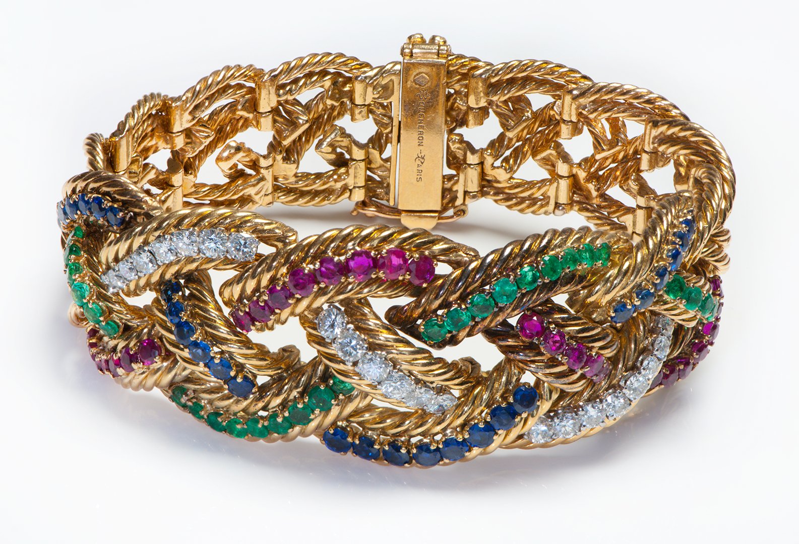 Boucheron Diamond Emerald Ruby Sapphire 18K Gold Bracelet Earrings Set