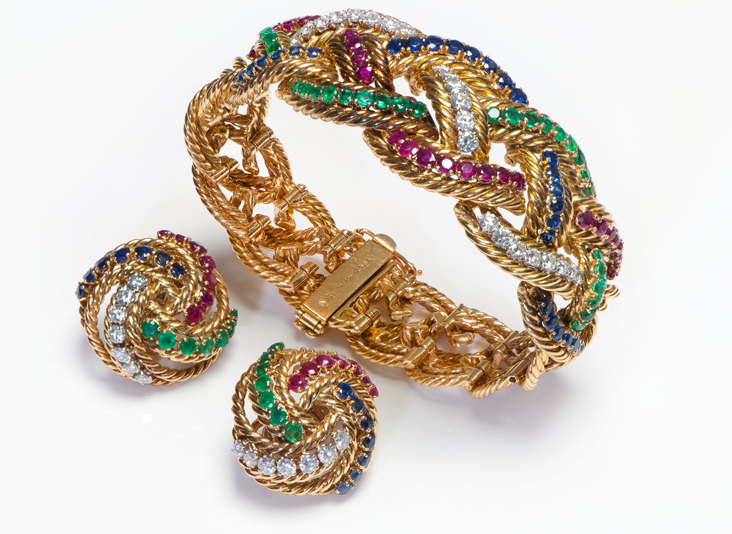 Boucheron Diamond Emerald Ruby Sapphire 18K Gold Bracelet Earrings Set - DSF Antique Jewelry