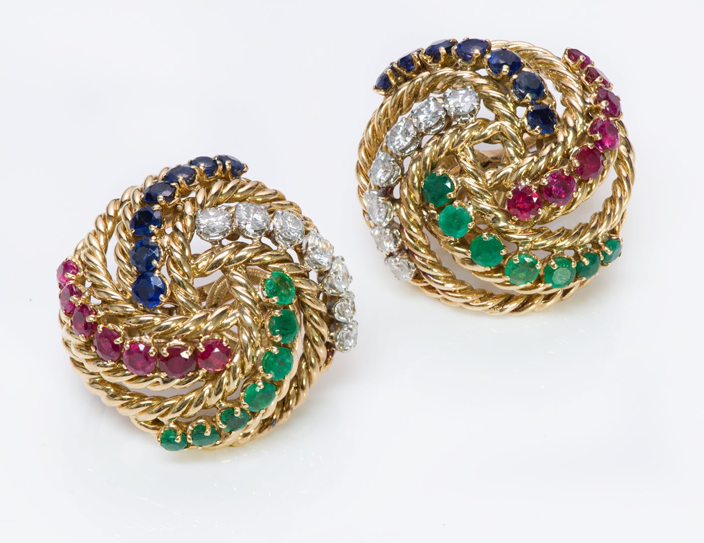 Boucheron Diamond Emerald Sapphire 18K Gold Earrings - DSF Antique Jewelry