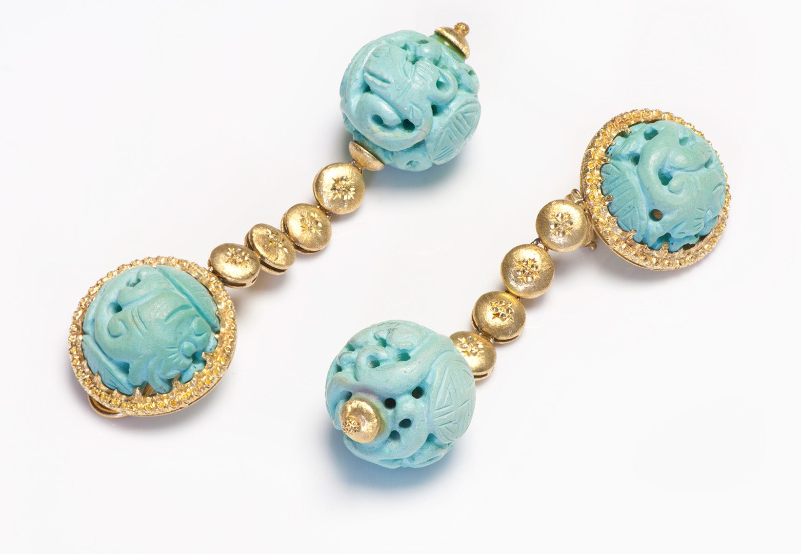 Buccellati 18K Gold Carved Turquoise Earrings - DSF Antique Jewelry