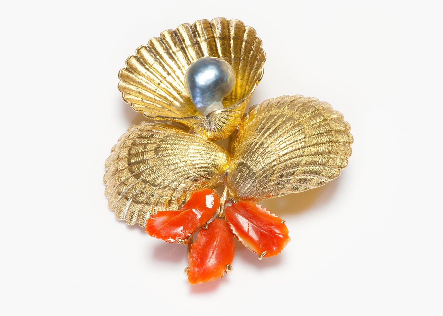 Buccellati 18K Yellow Gold Pearl Coral Shell Brooch - DSF Antique Jewelry