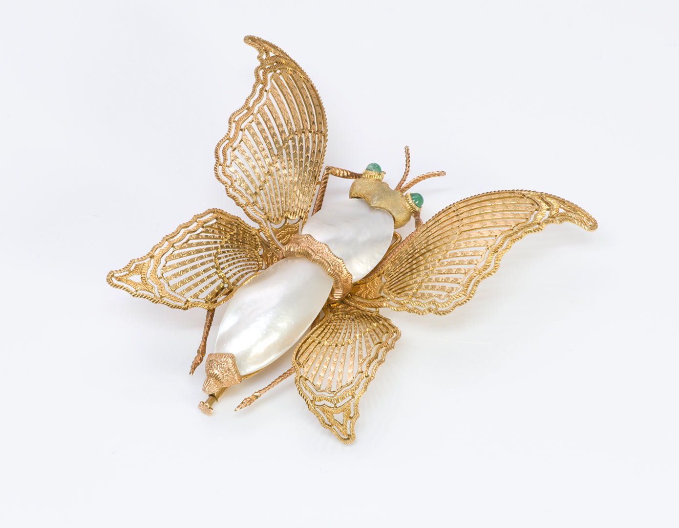 Buccellati 18K Yellow Gold Pearl Emerald Butterfly Brooch
