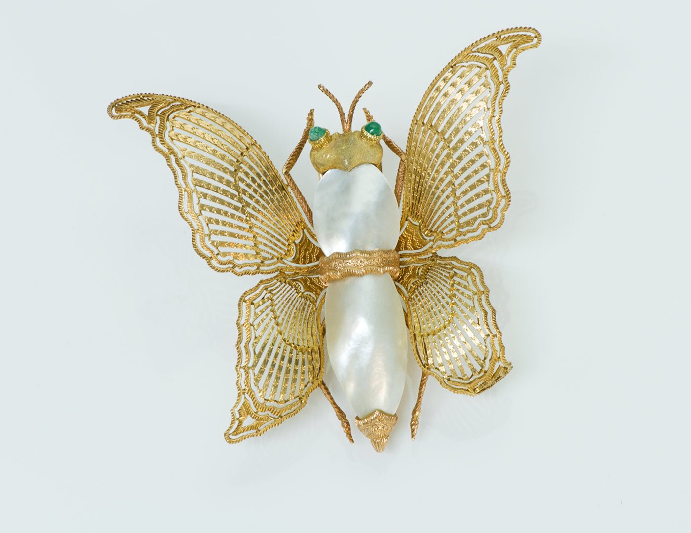 Buccellati 18K Yellow Gold Pearl Emerald Butterfly Brooch - DSF Antique Jewelry