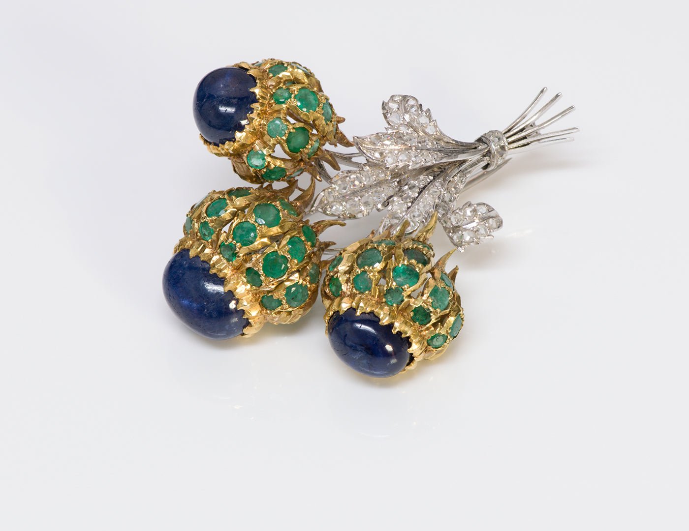 Buccellati Emerald Sapphire Diamond 18K Gold Brooch - DSF Antique Jewelry