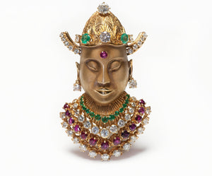 Buddha 18K Gold Diamond Emerald Ruby Pendant Brooch