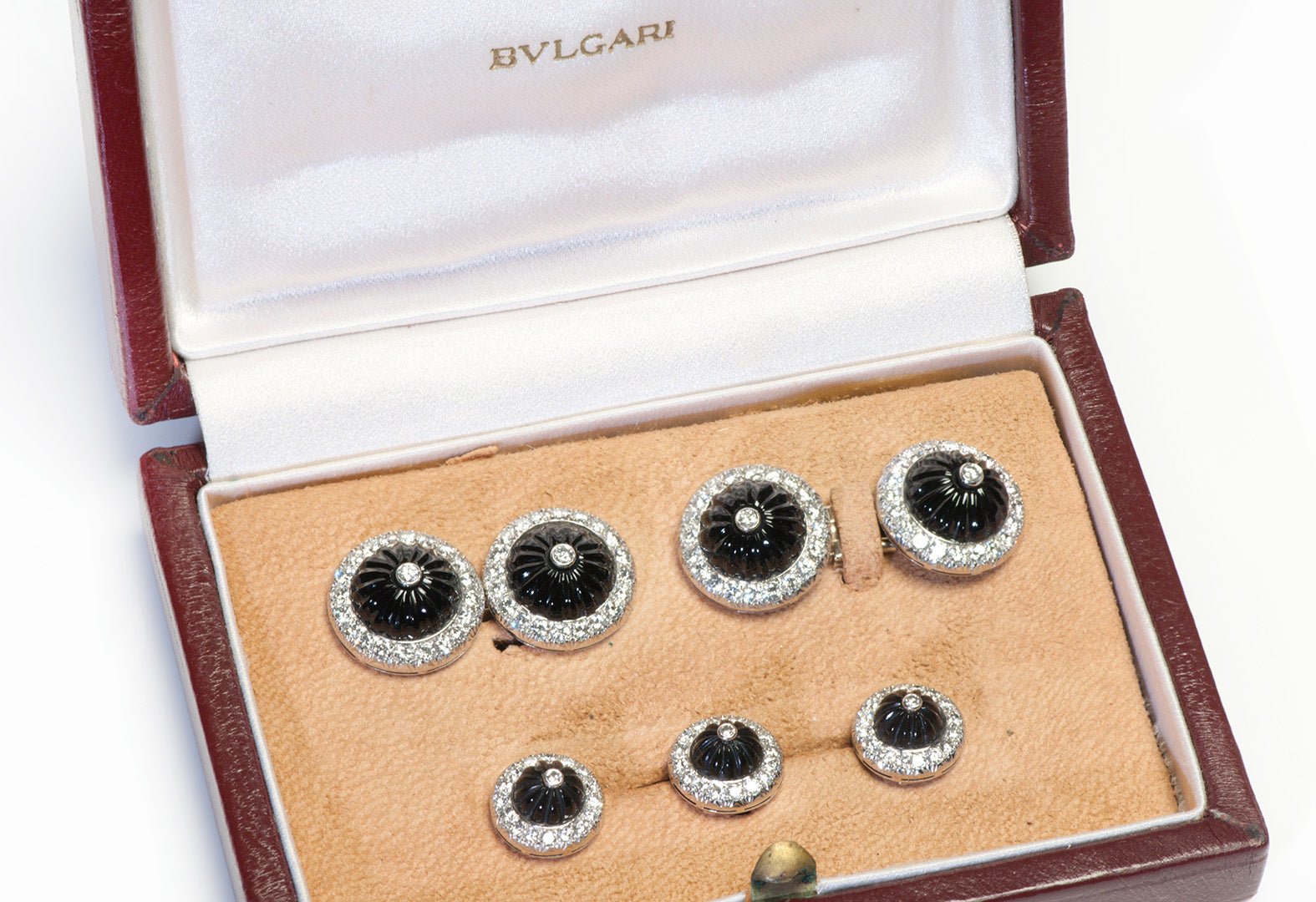 Bulgari Platinum Diamond Onyx Cufflink Stud Set - DSF Antique Jewelry