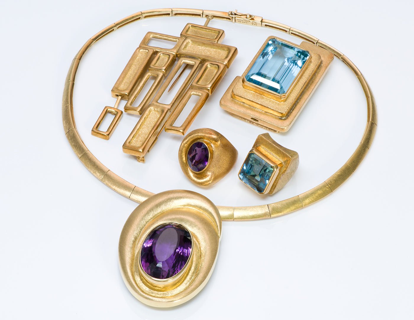 Burle Marx 18K Gold Aquamarine Amethyst Necklace Brooch Ring - DSF Antique Jewelry