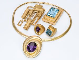 Burle Marx 18K Gold Aquamarine Amethyst Topaz Necklace Brooch Ring Set