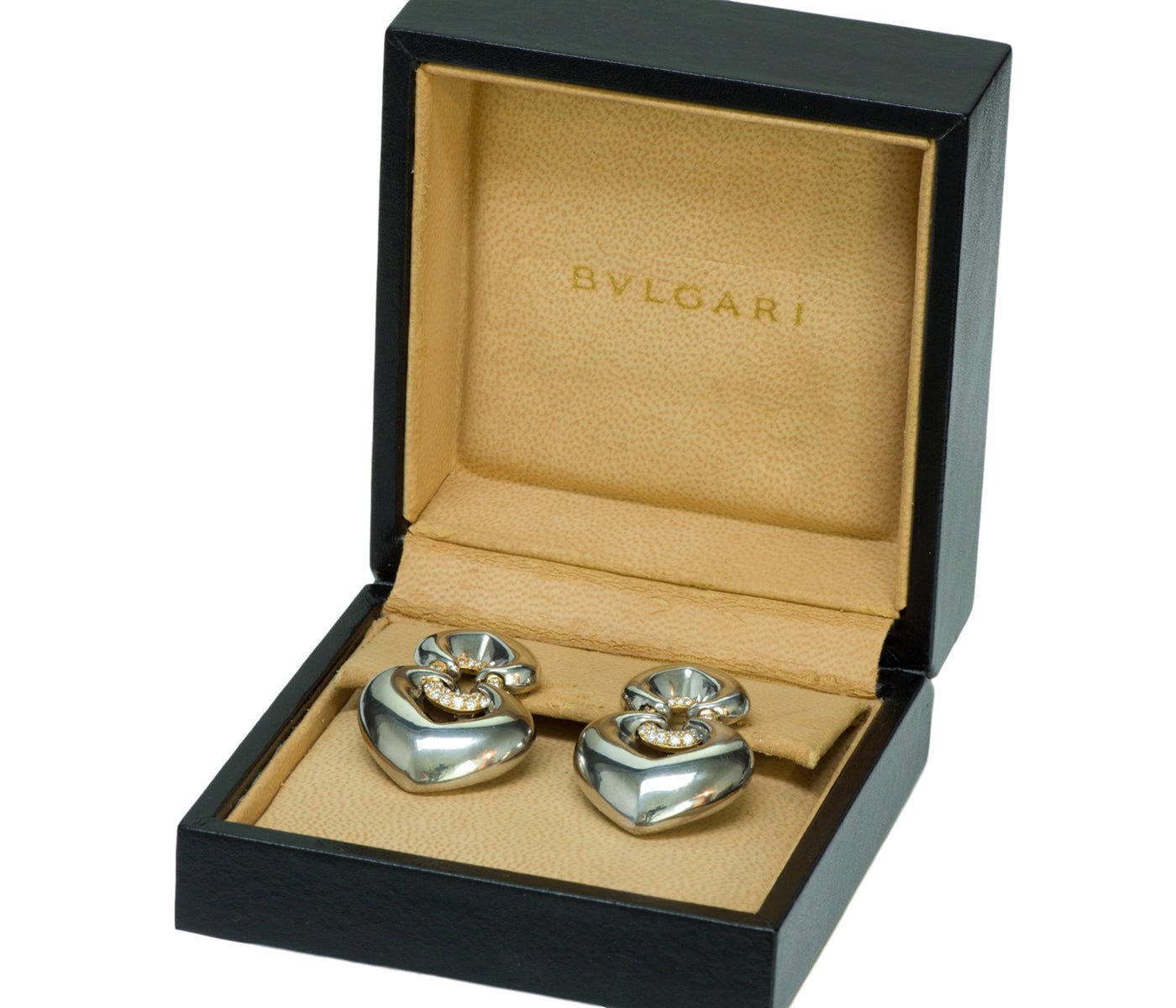Bvlgari Gold Diamond Double Heart Drop Earrings