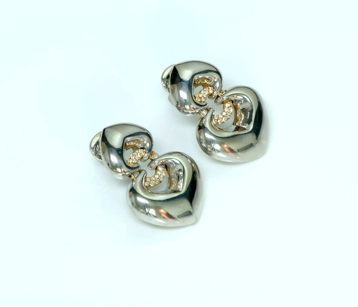 Bvlgari Gold Diamond Double Heart Drop Earrings - DSF Antique Jewelry