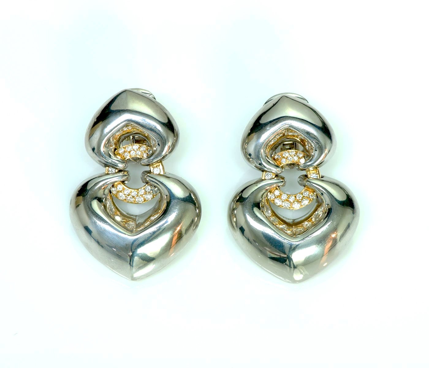 Bvlgari Gold Diamond Double Heart Drop Earrings