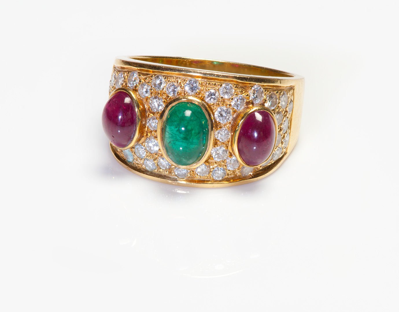 Cabochon Emerald Ruby Diamond 18K Gold Ring