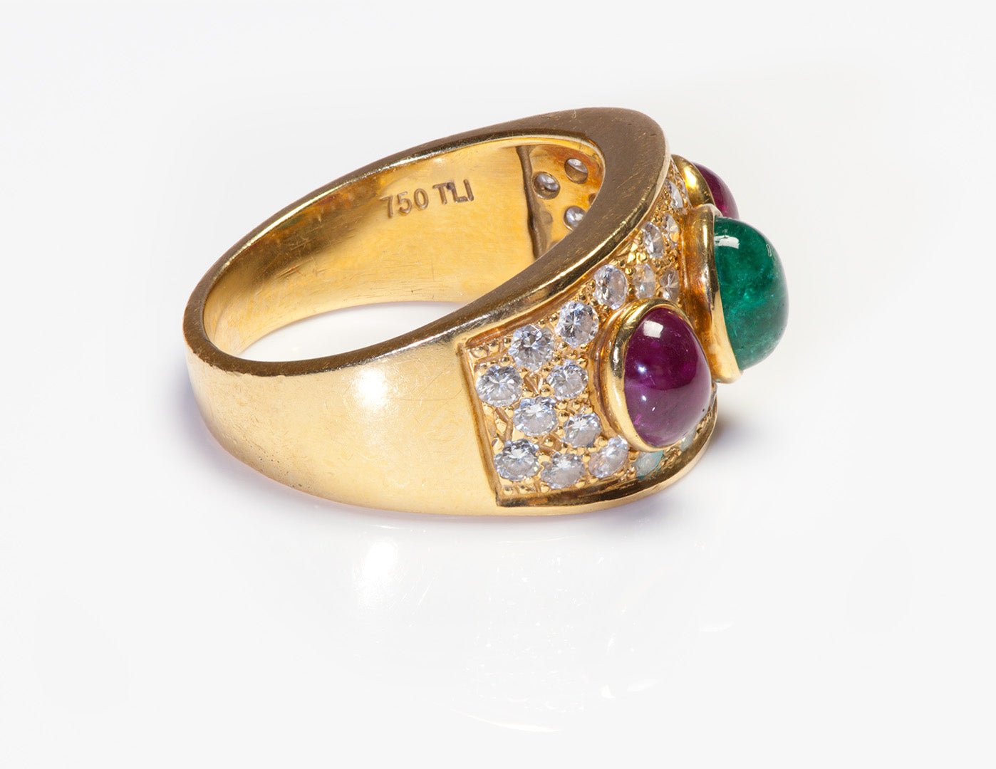 Cabochon Emerald Ruby Diamond 18K Gold Ring
