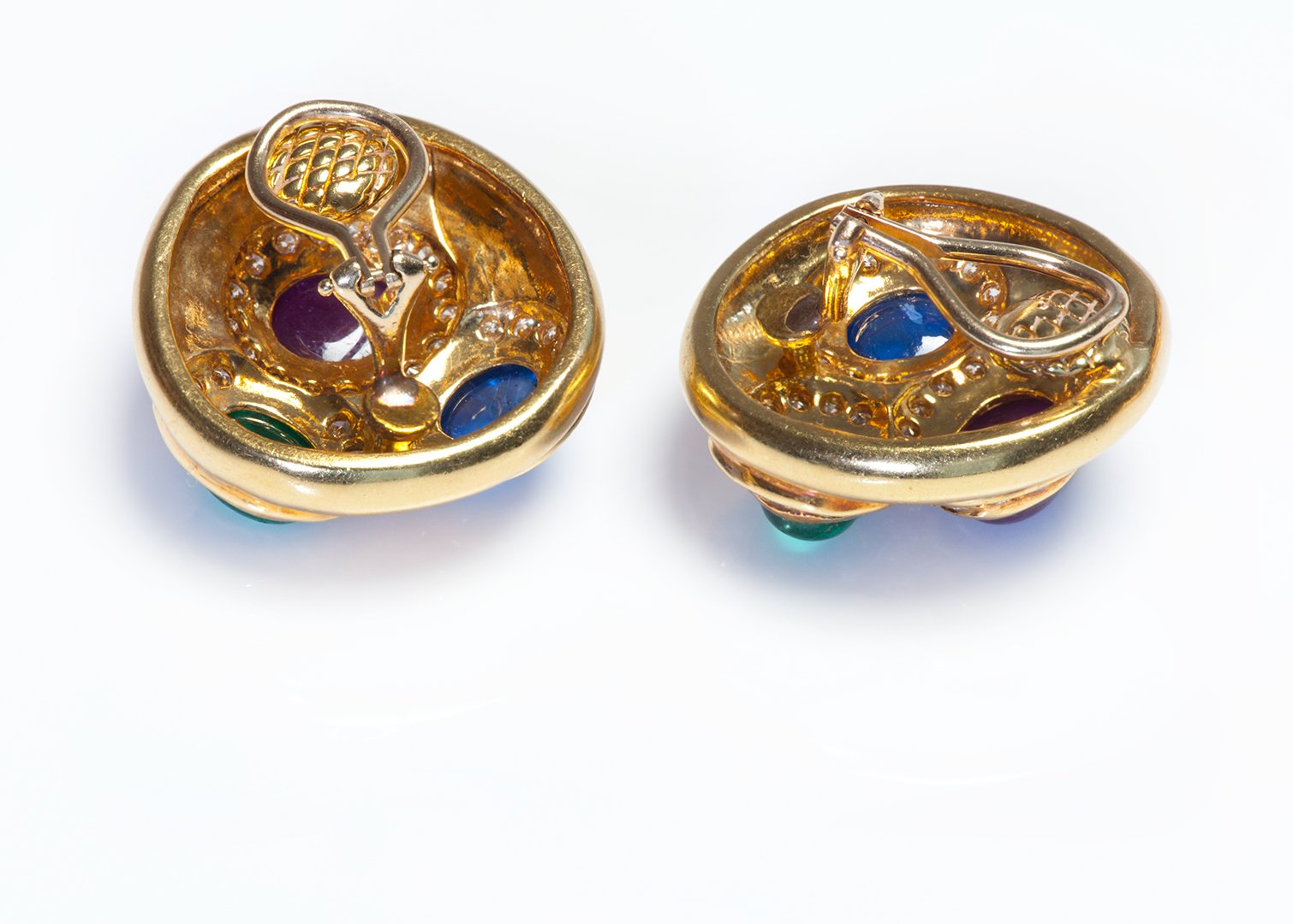 Cabochon Emerald Ruby Sapphire Diamond Gold Earrings