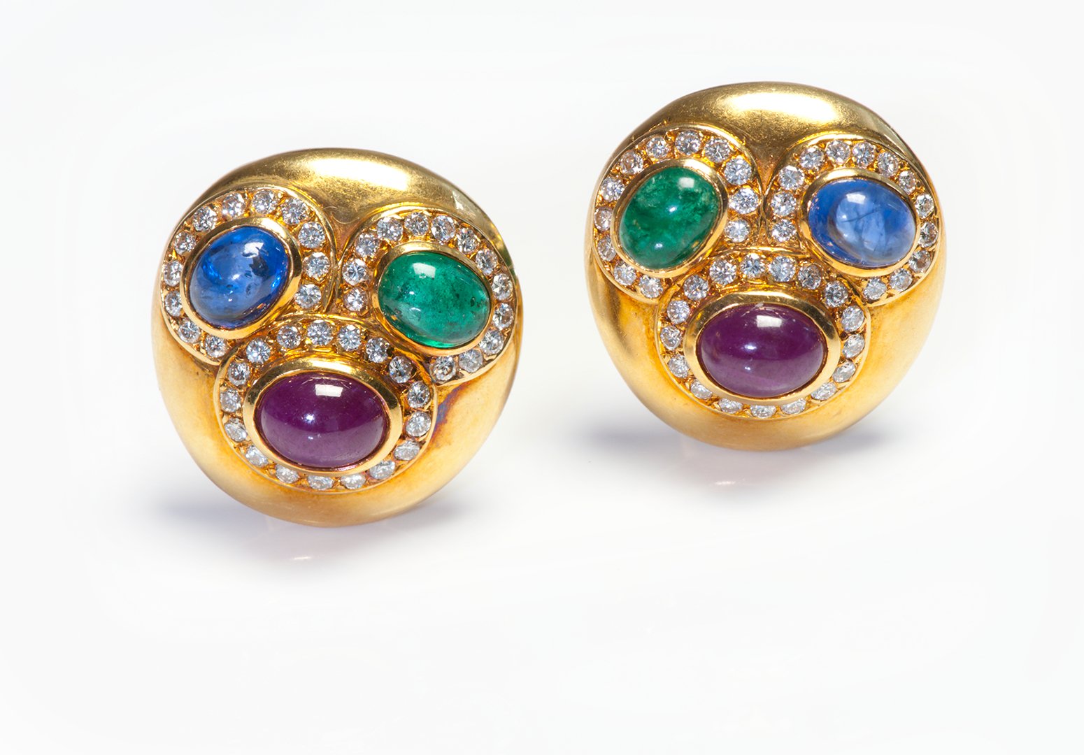 Cabochon Emerald Ruby Sapphire Diamond Gold Earrings - DSF Antique Jewelry