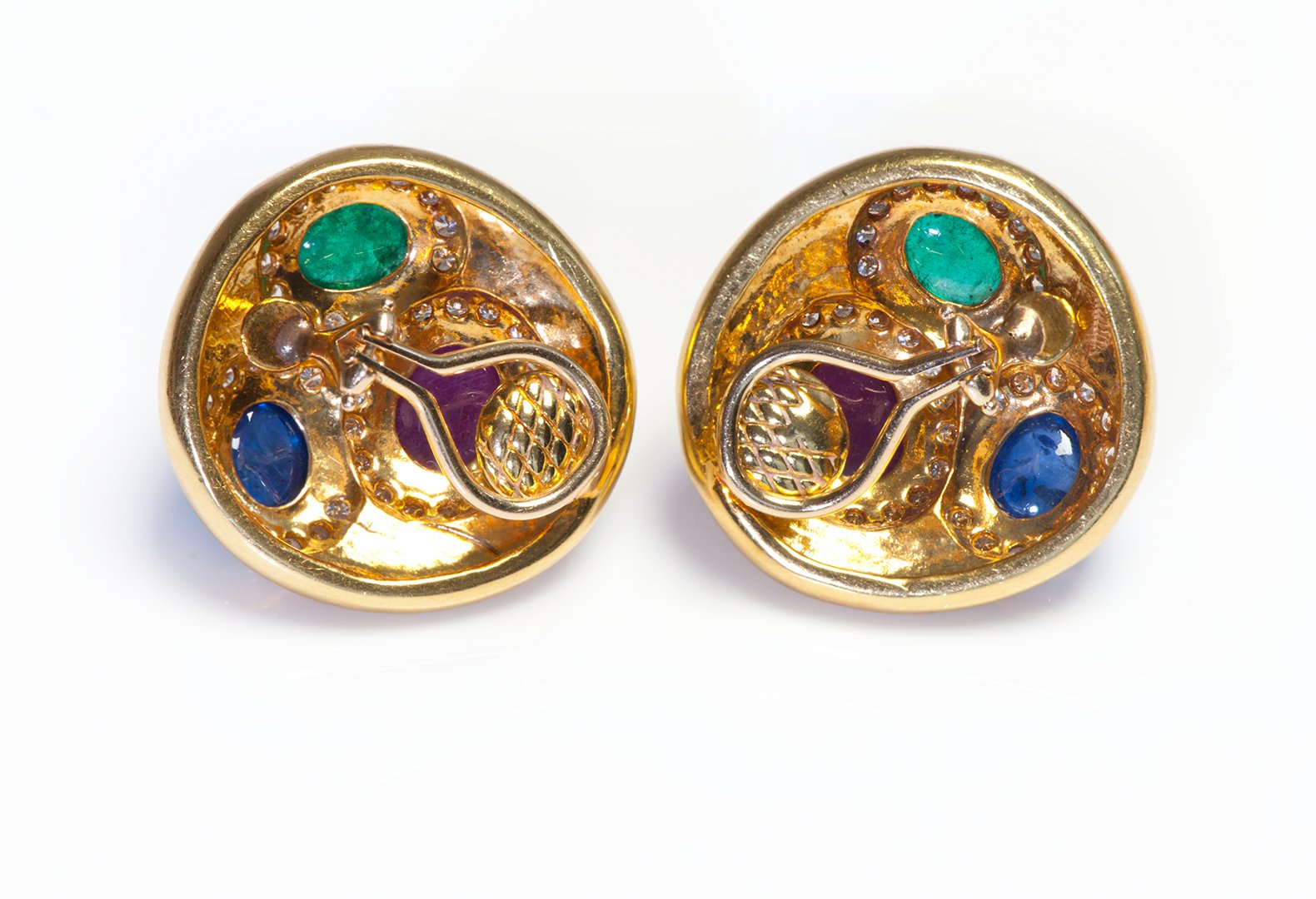Cabochon Emerald Ruby Sapphire Diamond Gold Earrings