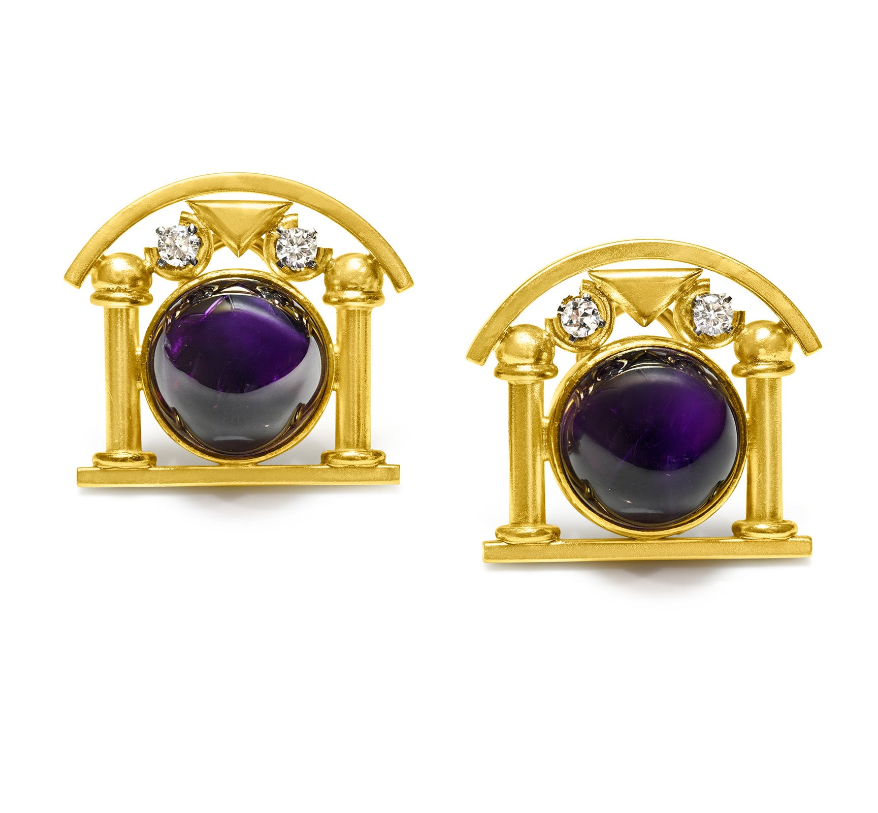Amethyst Cabochon Diamond Architectural Gold Earrings