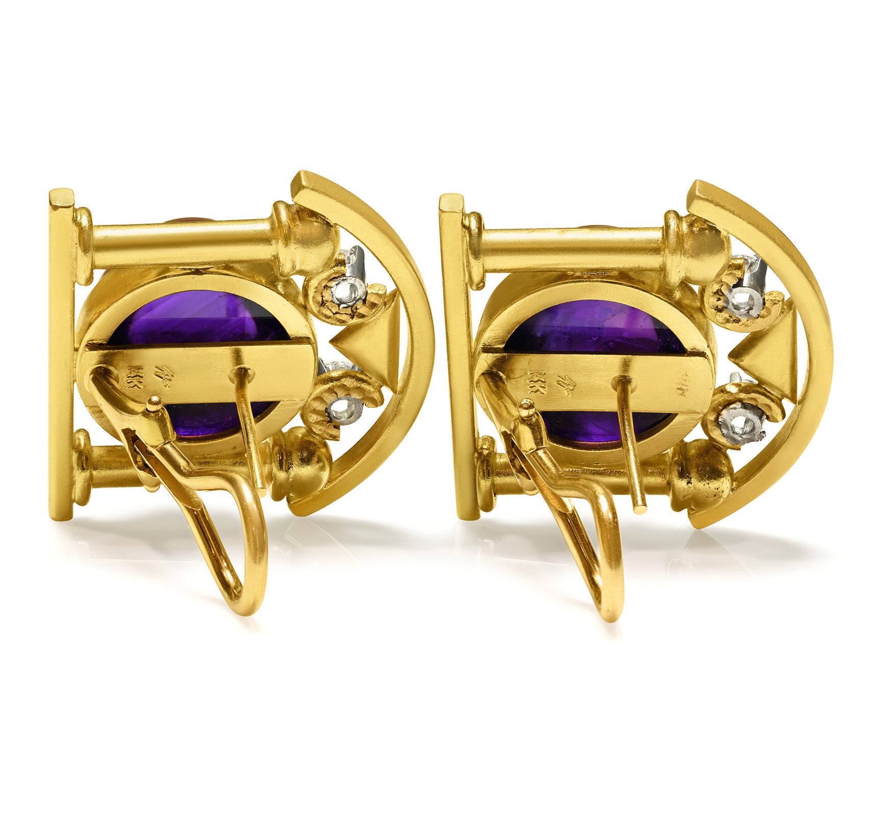 Post Amethyst Cabochon Diamond Architectural Gold Earrings 