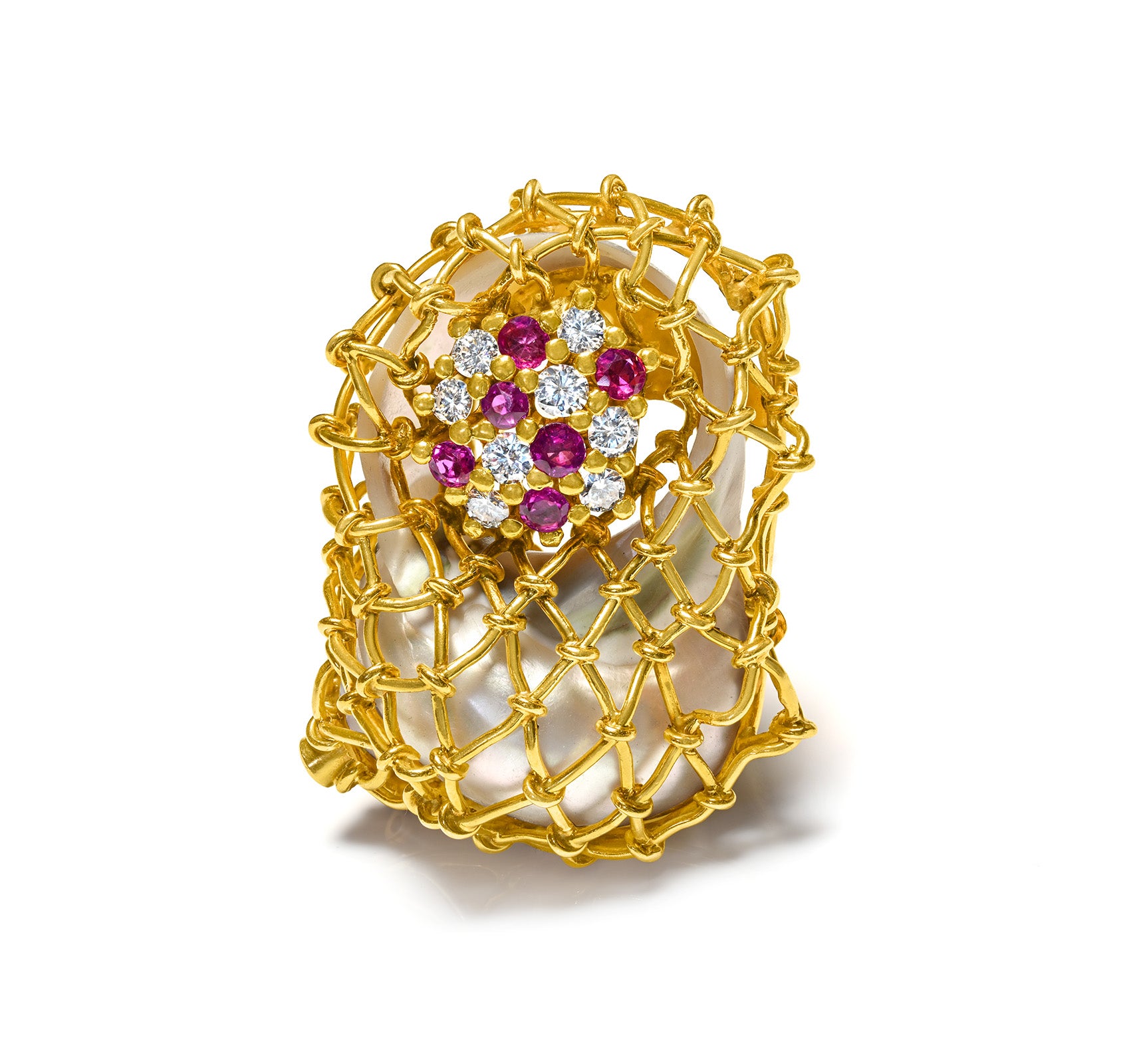 18K Gold Cage Brooch Pearl Rubies Diamonds Diamond 