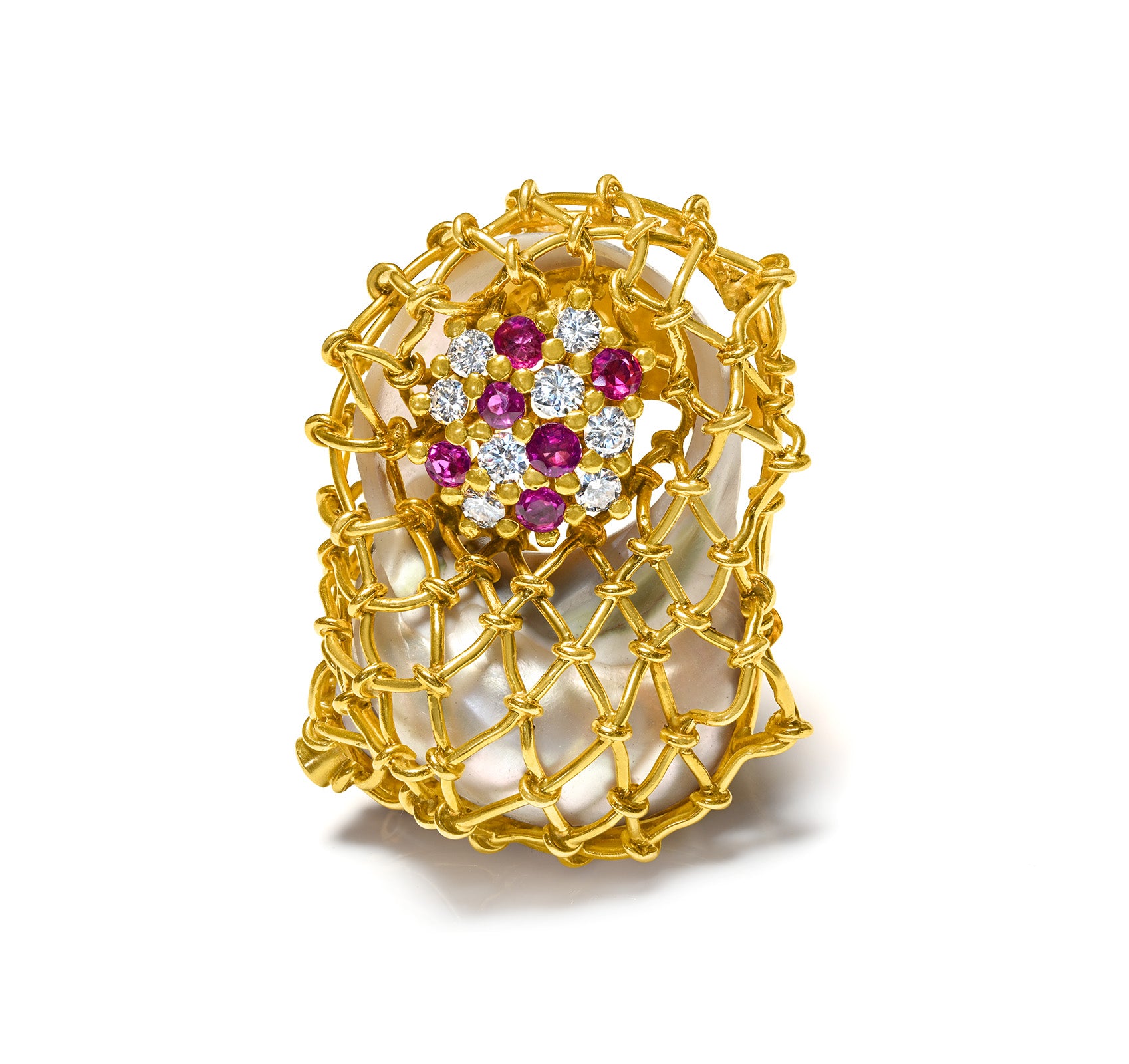 Artistic 18K Gold Cage Brooch with Pearl, Rubies, and Diamonds