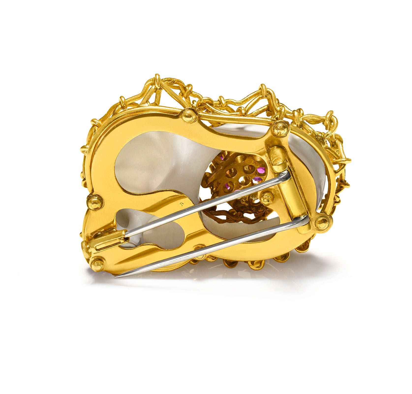 Artistic 18K Gold Cage Brooch with Pearl, Rubies, and Diamonds clip 