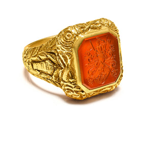 Exceptional Antique Carved 18K Gold and Carnelian Crest Men's Ring