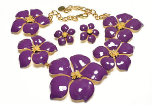 Carolina Herrera Purple Enamel Flower Earrings Necklace Set