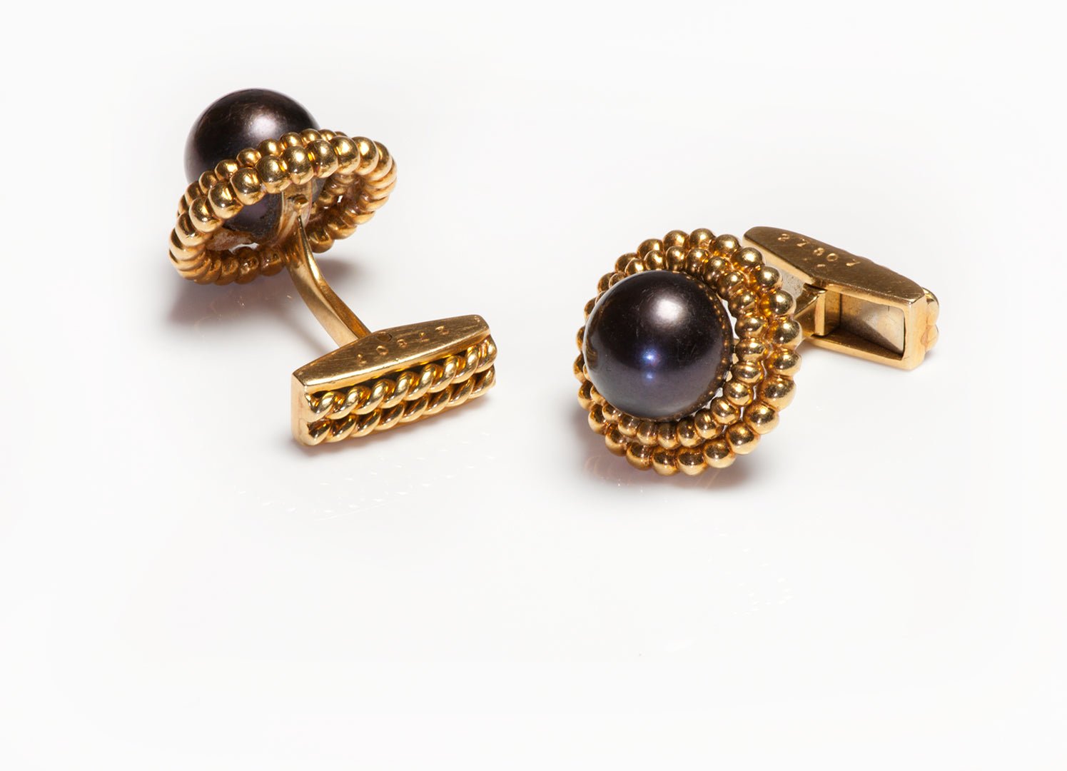 Cartier 18K Gold Black Pearl Cufflink Stud Set