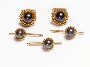 Cartier 18K Gold Black Pearl Cufflink Stud Set