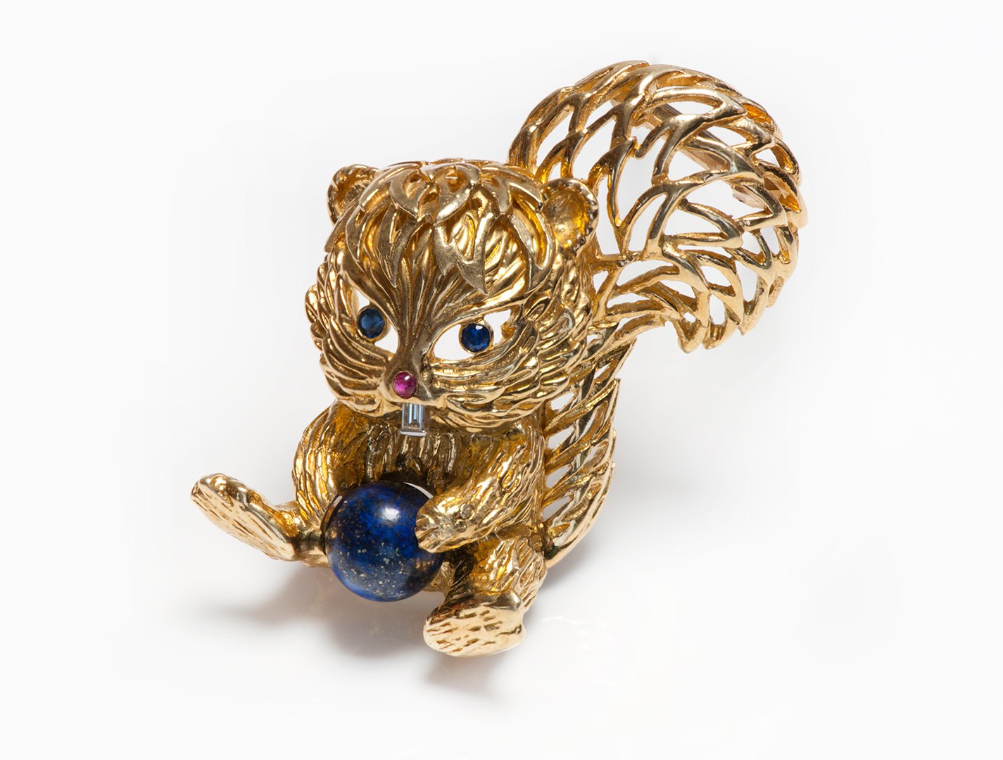 Cartier 18K Gold Gemstone Diamond Lapis Squirrel Brooch - DSF Antique Jewelry