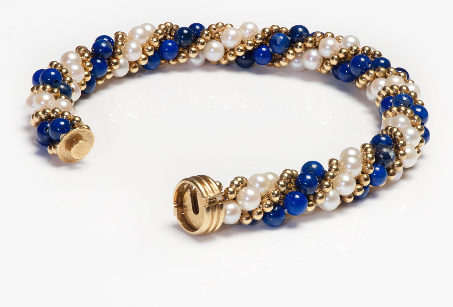Cartier 18K Gold Lapis Pearl Bead Bracelet Earrings Set - DSF Antique Jewelry