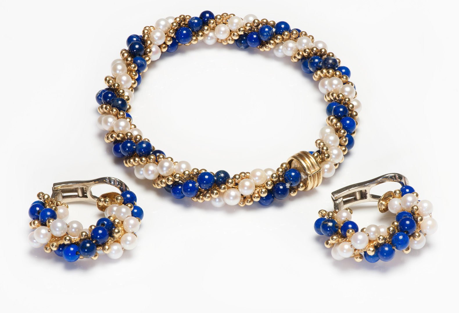 Cartier 18K Gold Lapis Pearl Bead Bracelet Earrings Set