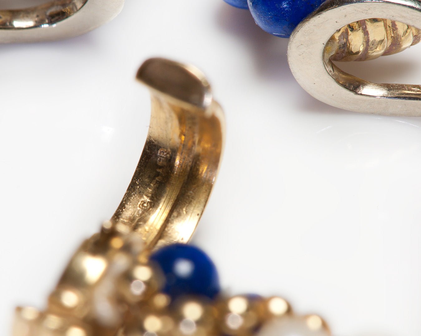 Cartier 18K Gold Lapis Pearl Bead Bracelet Earrings Set - DSF Antique Jewelry