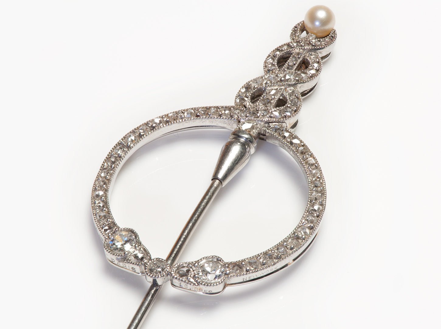 Cartier Antique Exquisite Platinum Diamond Pearl Stick Pin