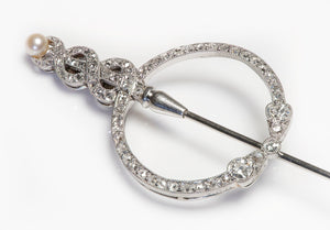 Cartier Antique Platinum Diamond and Pearl Stick Pin