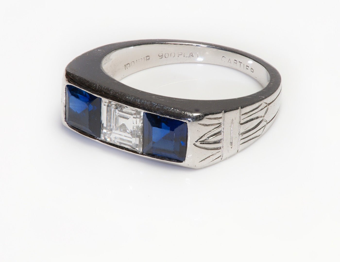 Cartier Art Deco Men's Sapphire Diamond Platinum Ring - DSF Antique Jewelry