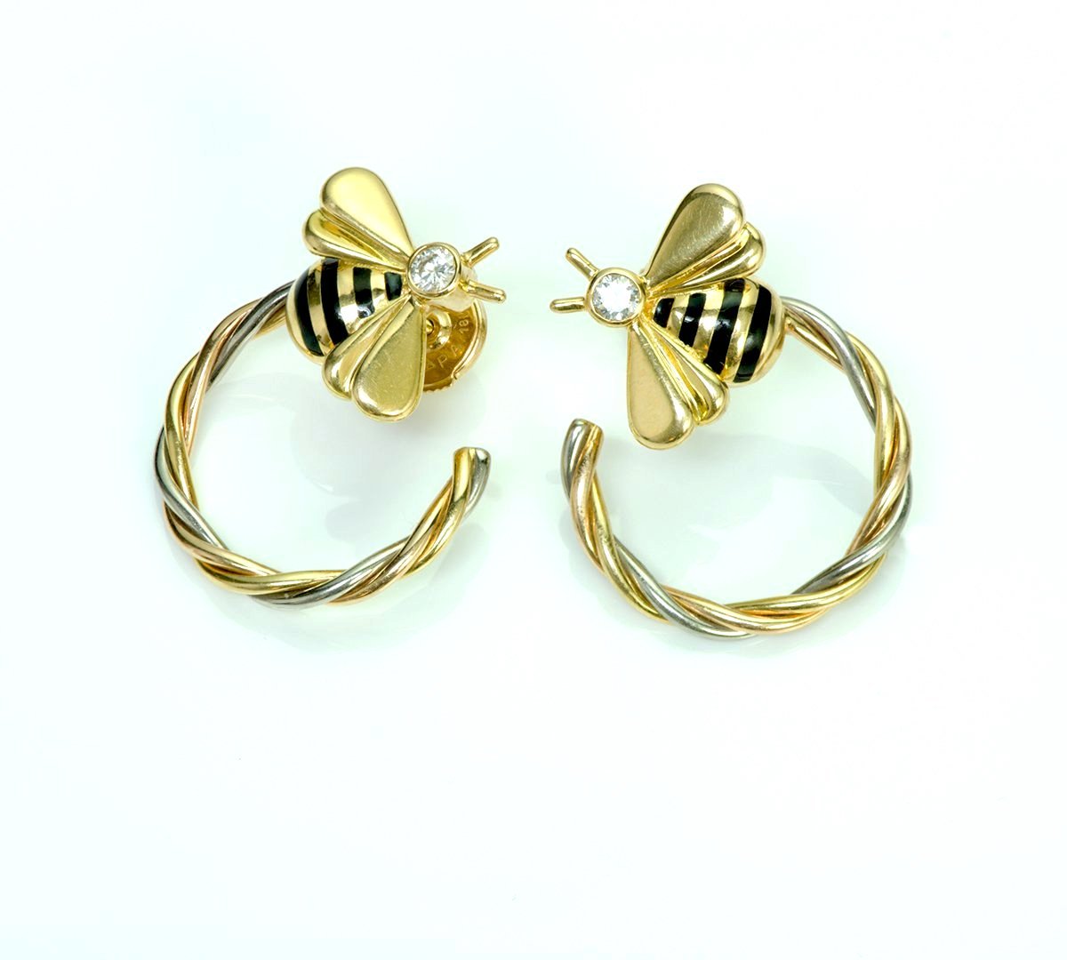 Cartier Diamond 18K Gold Enamel Bee Earrings