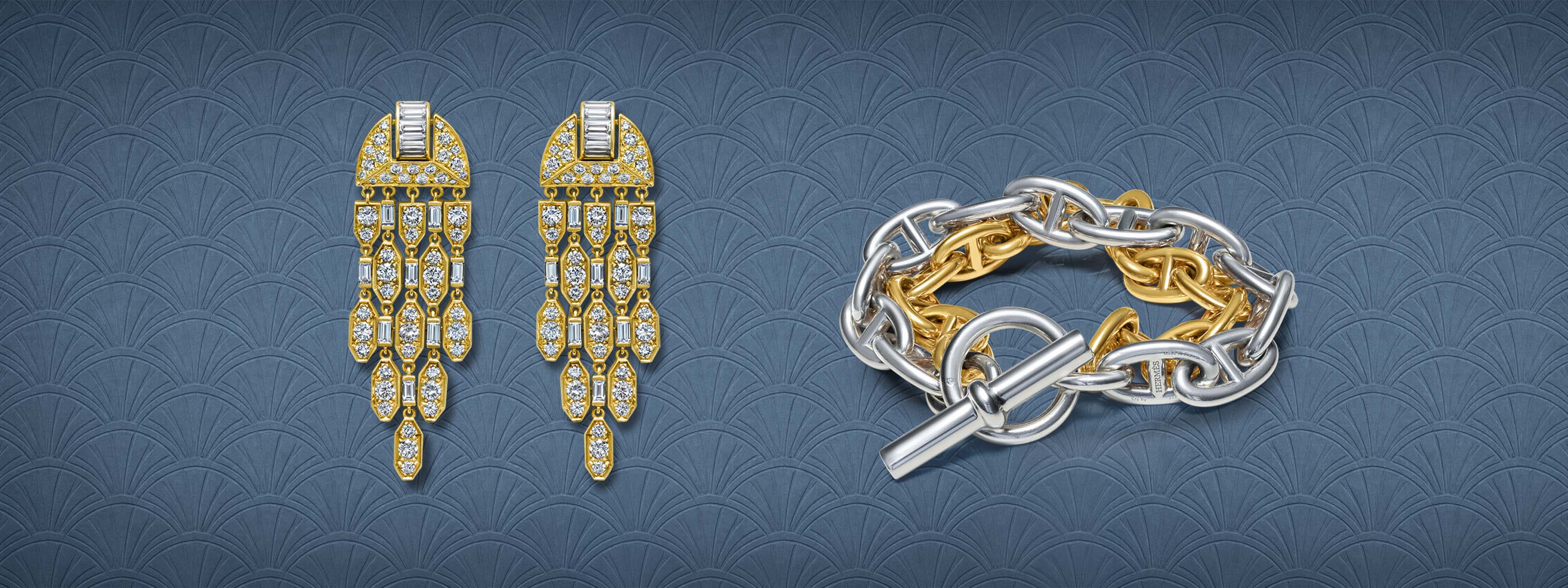 Cartier diamond earrings and Hermès Chaine d’Ancre bracelet in gold and silver, illustrating the harmony of iconic high jewelry design.