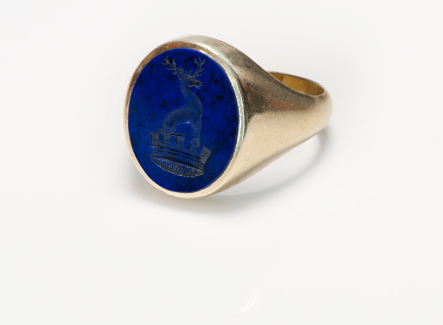 Cartier Gold Lapis Crown & Stag Intaglio Crest Men's Ring - DSF Antique Jewelry