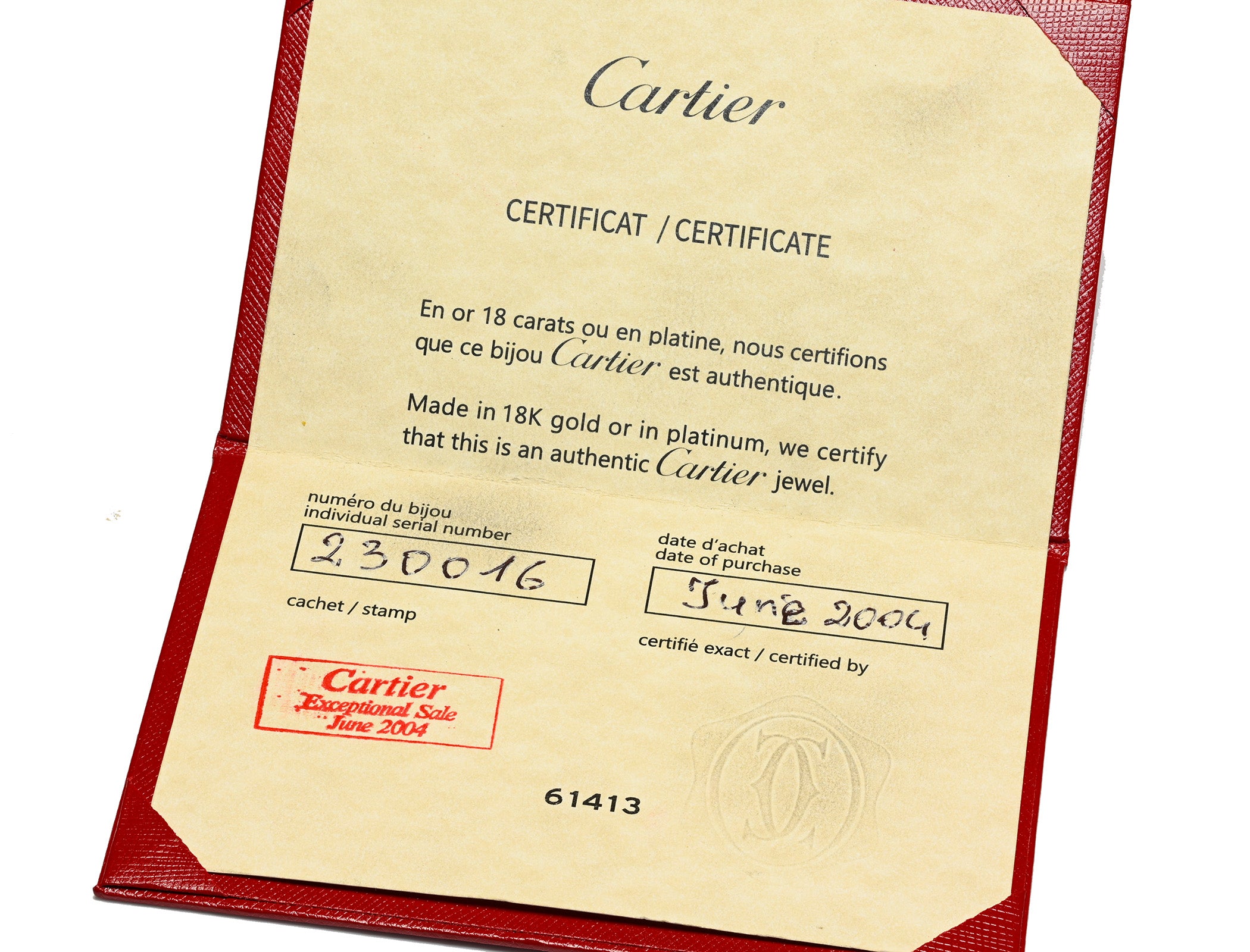 Original Cartier receipt and certificate for diamond earrings dated June 2004