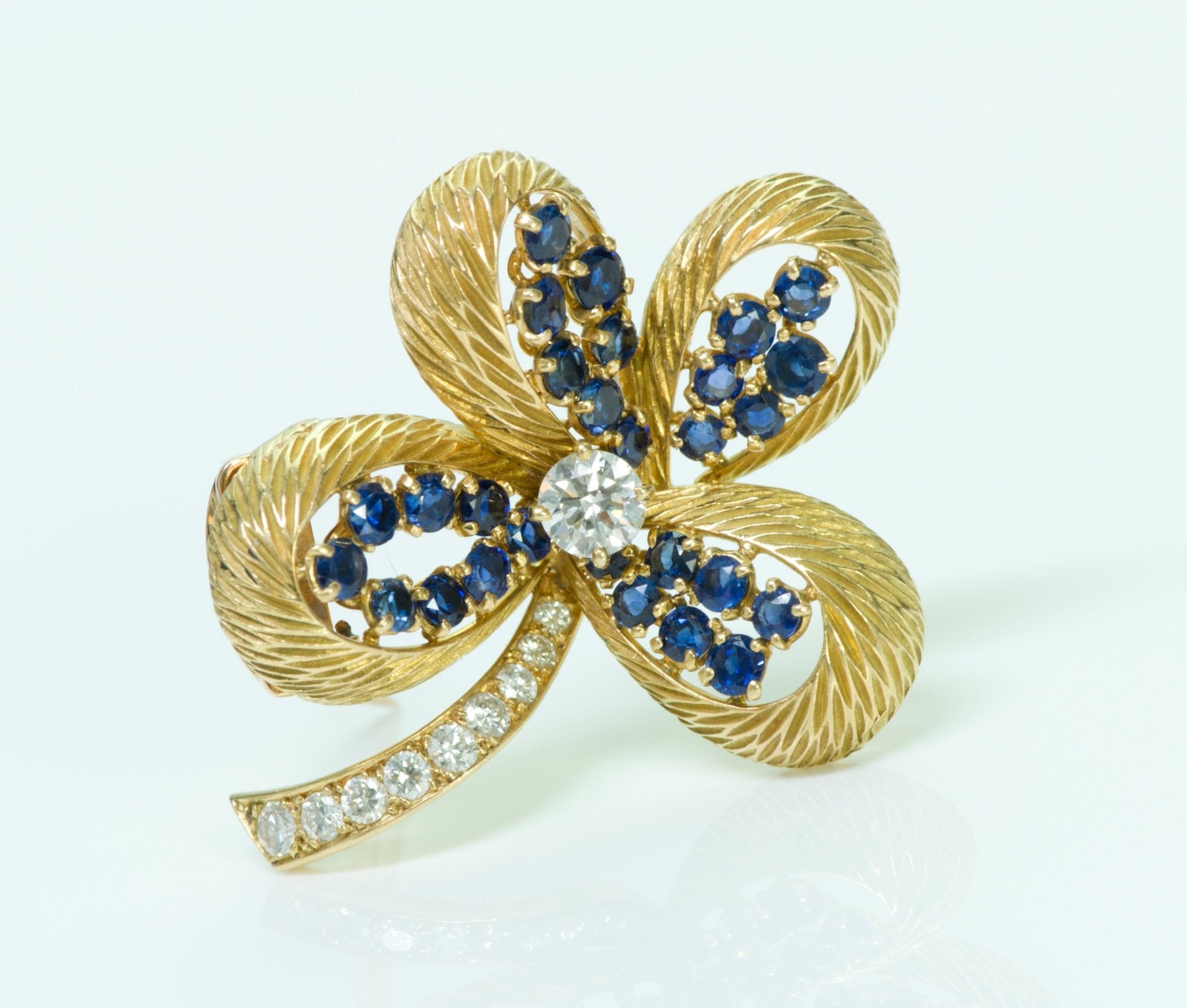 Cartier Paris 18K Gold Clover Diamond Sapphire Pin/Brooch - DSF Antique Jewelry
