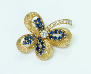 Cartier Paris 18K Yellow Gold Clover Diamond Sapphire Pin/Brooch