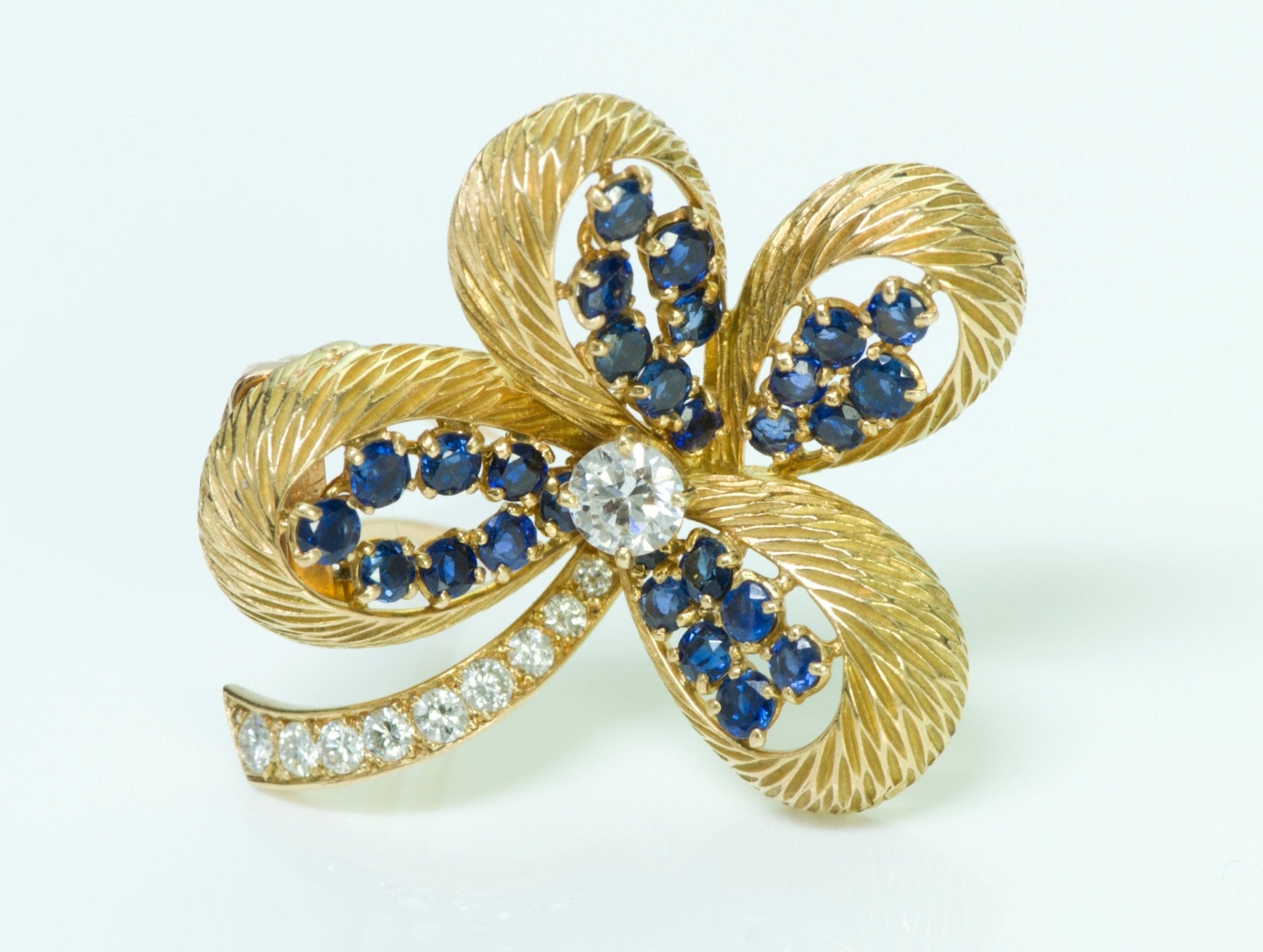 Cartier Paris 18K Gold Clover Diamond Sapphire Pin/Brooch - DSF Antique Jewelry
